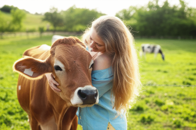 Mulher abraçando uma vaca, simbolizando compaixão e empatia.
