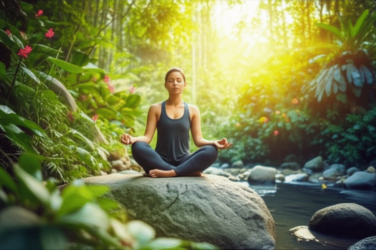 Pessoa meditando em meio à natureza, representando autoconsciência e mindfulness.