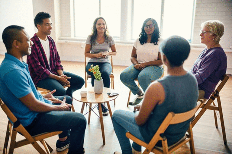 Pessoas conversando pacificamente em um círculo, representando comunicação não violenta e empatia.