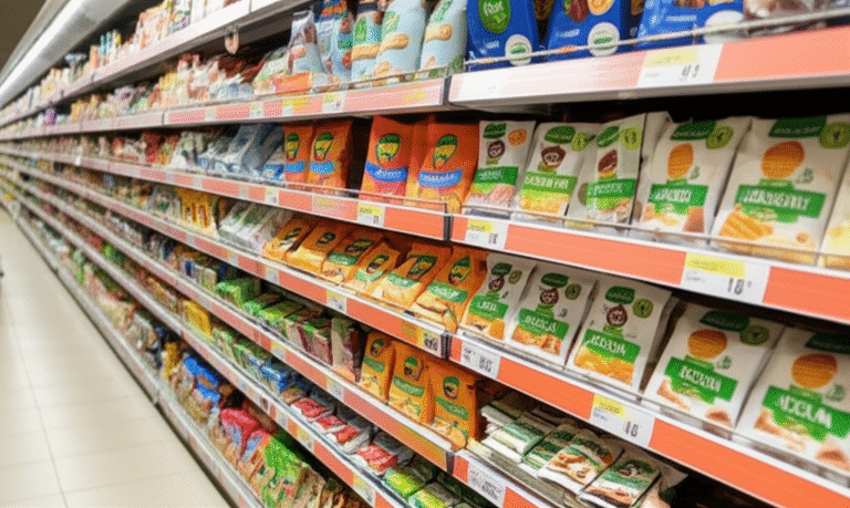 Alimentos Ultraprocessados Veganos no Mercado Embalagens de produtos veganos ultraprocessados em uma prateleira de supermercado.