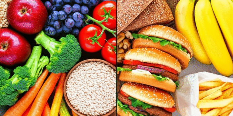 Alimentos Integrais vs. Ultraprocessados Veganos Comparação visual entre alimentos integrais e ultraprocessados veganos.