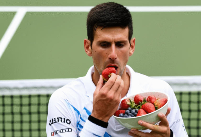 Djokovic e a Alimentação Plant-Based Novak Djokovic comendo frutas durante partida