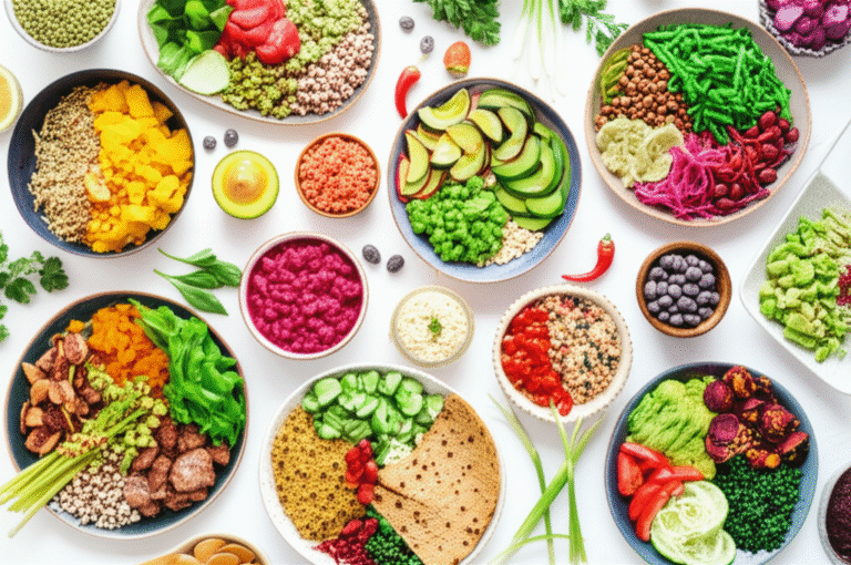 Mesa farta com comida vegana colorida e apetitosa