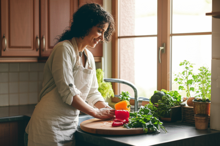 Cozinheira vegana sorrindo enquanto prepara uma refeição