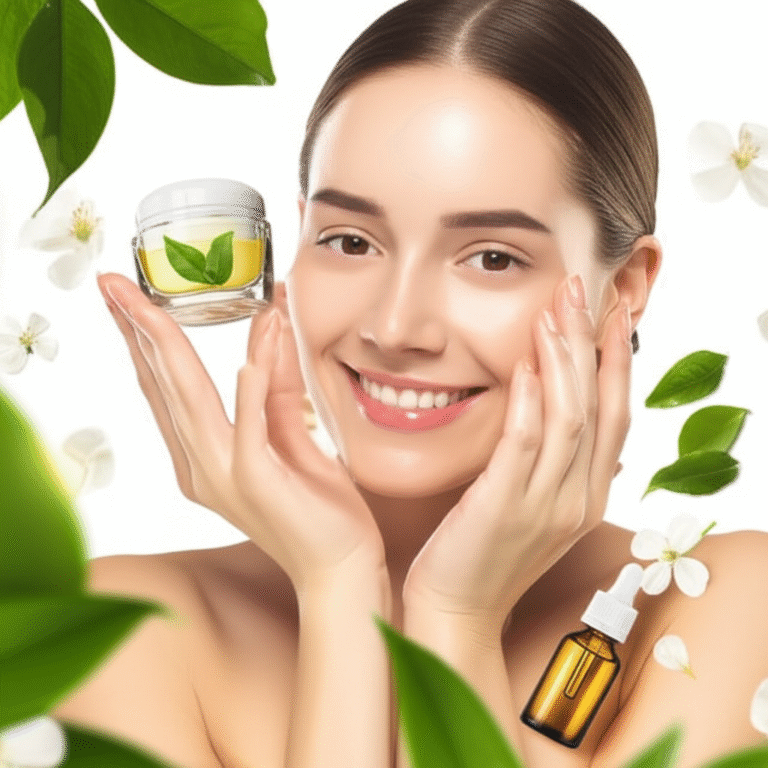 Mulher sorrindo com produtos de beleza veganos ao redor