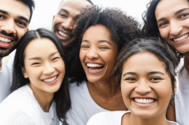 Grupo diverso de pessoas sorrindo, representando a inclusão na beleza