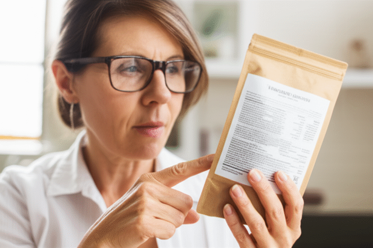 Mulher lendo rótulo de produto vegano.