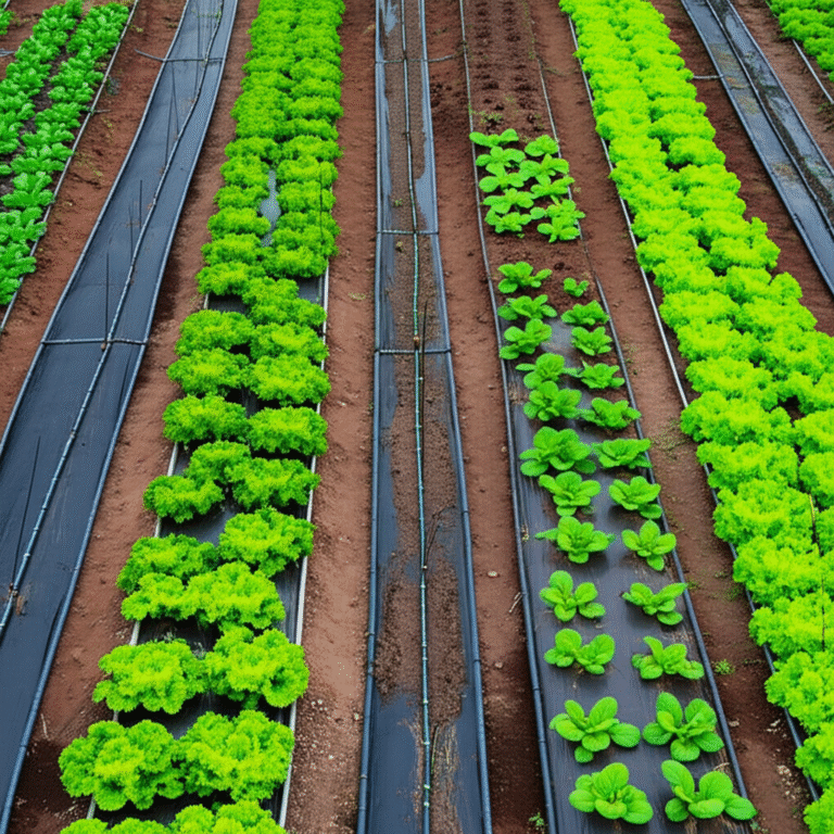 Foto de uma horta orgânica com vegetais frescos sendo irrigados