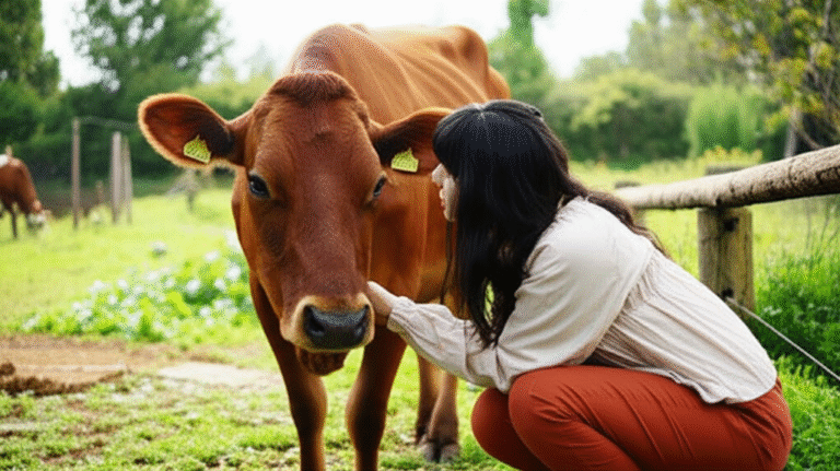 Mulher sorrindo alimentando uma vaca em um santuário animal