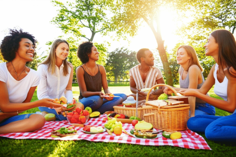 Grupo de pessoas reunidas em um piquenique vegano ao ar livre