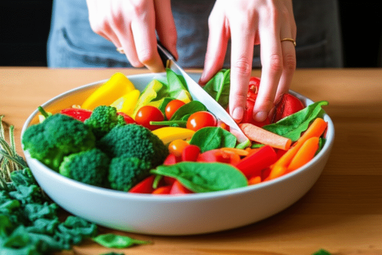 Mãos preparando uma refeição vegana colorida e nutritiva