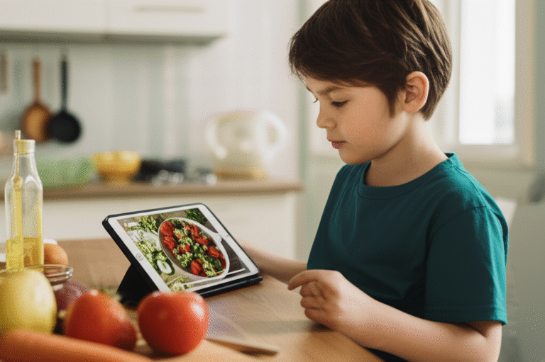 Geração Alpha e a Influência Digital do Veganismo Criança assistindo a um vídeo de receita vegana em um tablet.