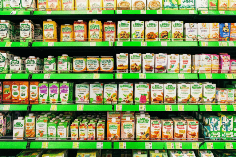 Mercado Plant-Based em Expansão para a Geração Alpha Prateleira de supermercado repleta de produtos veganos para crianças.