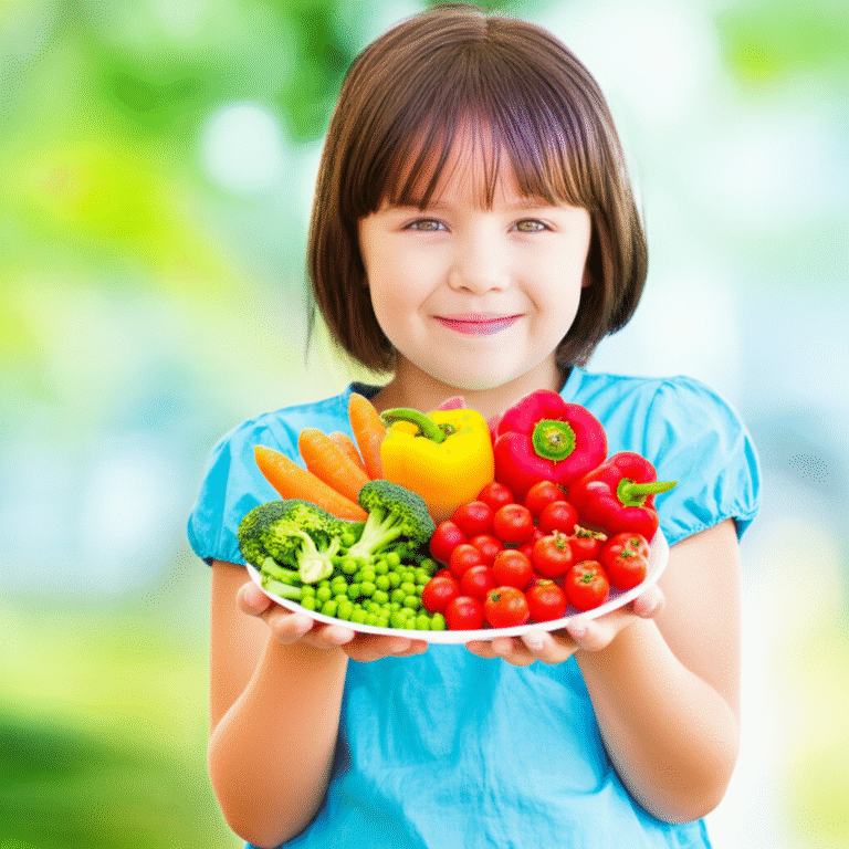 Consciência Ambiental e Alimentação Plant-Based Criança sorrindo segurando um prato com legumes coloridos.